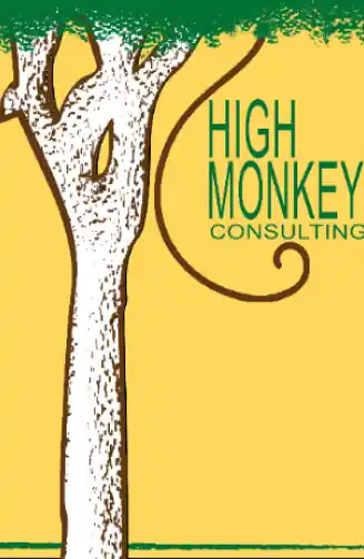 A vintage 2004 High Monkey Consulting business card design featuring a stylized tree with a monkey tail forming part of the company name.