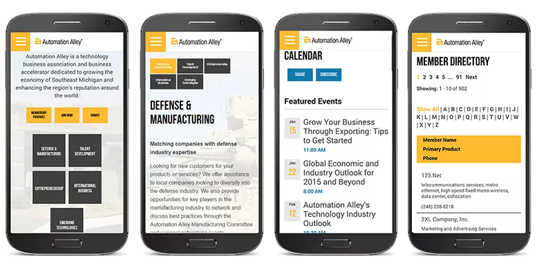 4 mobile devices depicting Automation Alley userface
