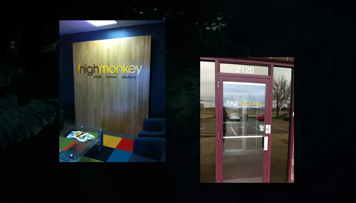 picture of door with High Monkey logo and picture of wall with High Monkey Logo