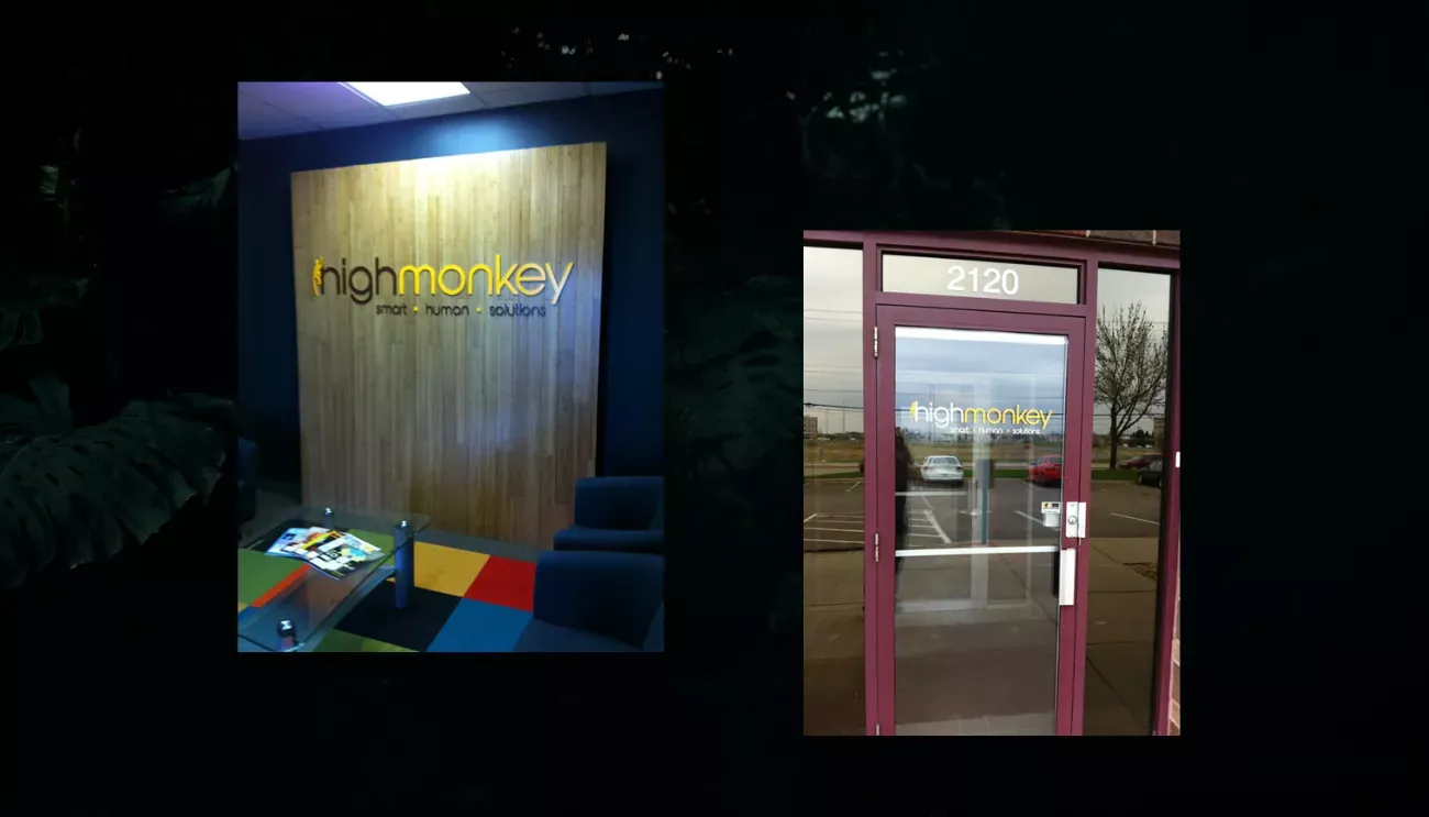 picture of door with High Monkey logo and picture of wall with High Monkey Logo