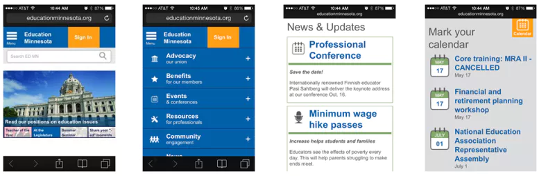 four mobile screenshots of screenshot of Education Minnesota Site