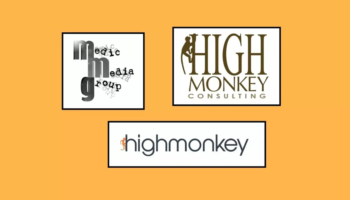 A graphic showing the evolution of High Monkey’s branding with past and current logos.
