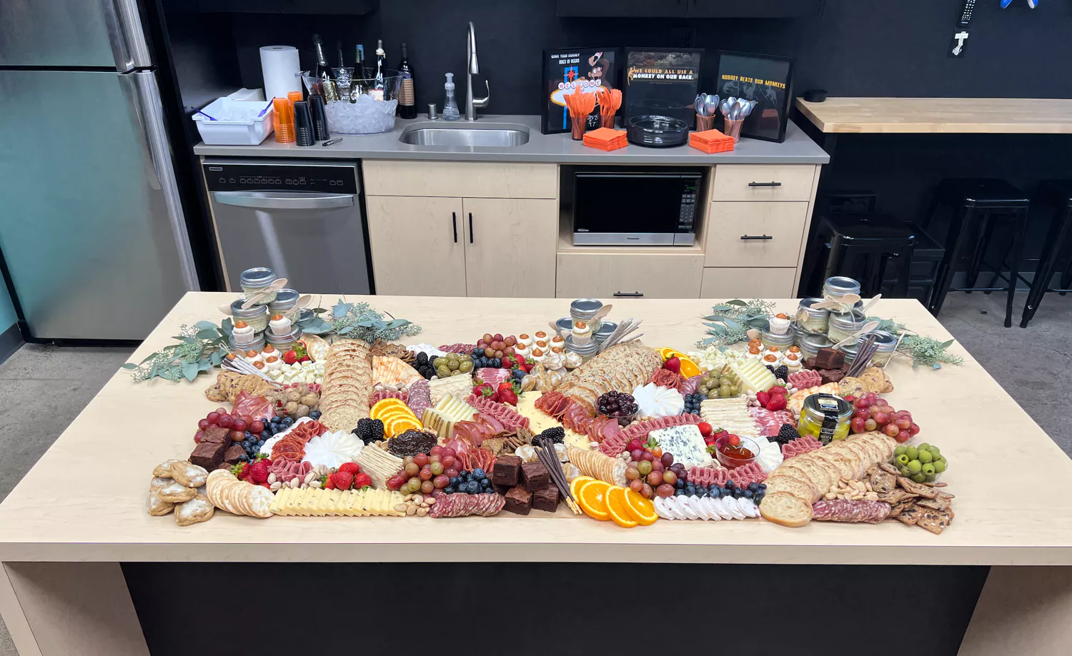 An elaborate charcuterie spread on a table.
