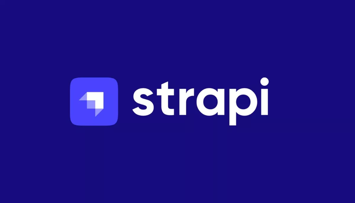 A digital image featuring the Strapi logo on a dark blue background.
