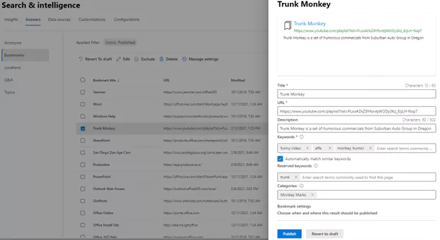 Trunk Monkey selected and settings screenshot of Search & Intelligence Dashboard