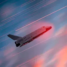 A space shuttle ascending through the sky with red and blue light streaks, symbolizing innovation, progress, and exploration.