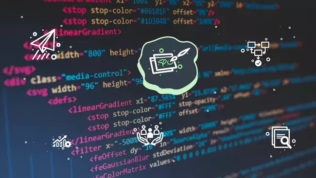 Code on a screen with colorful highlighting. High Monkey’s service icons are overlaying the image, the CMS icon is highlighted.