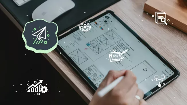 A hand drawing a wireframe on a tablet. High Monkey’s service icons are overlaying the image, the strategy icon is highlighted.