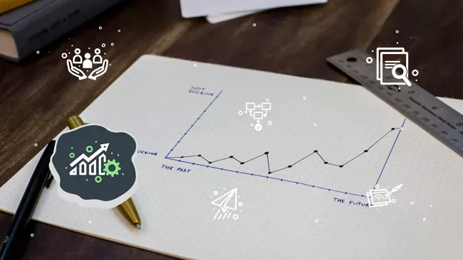 A growth chart drawn on paper with a ruler and pen. High Monkey’s service icons are overlaying the image, the performance & SEO icon is highlighted.