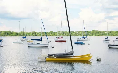 Several sailboats anchored at a lake.