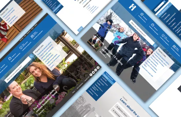 A collage of new Hennepin County web pages displayed at an angle.