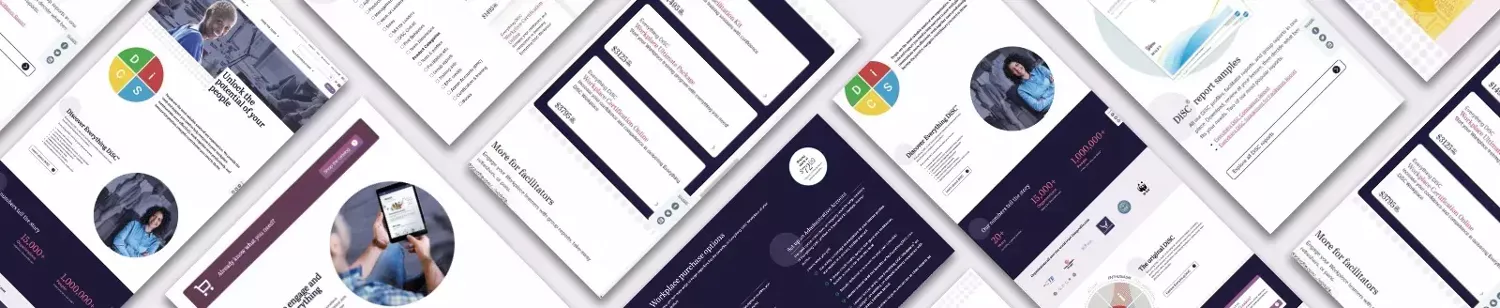 A wide-angle collage of the DiSC Profile redesigned website, showcasing improved navigation, modernized layout, and enhanced user experience.