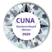 A circular diamond-shaped badge with the text "CUNA Diamond Award Winner 2020," recognizing excellence in credit union marketing.
