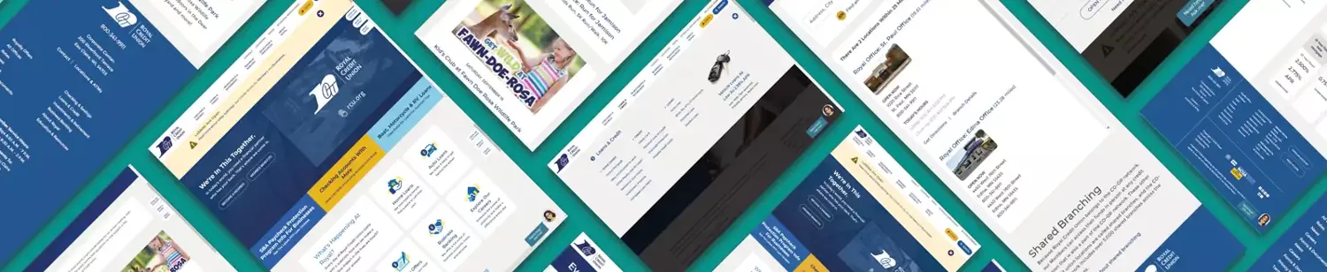 A wide-angle collage of redesigned Royal Credit Union web pages, showcasing improved navigation, modernized layout, and enhanced user experience.