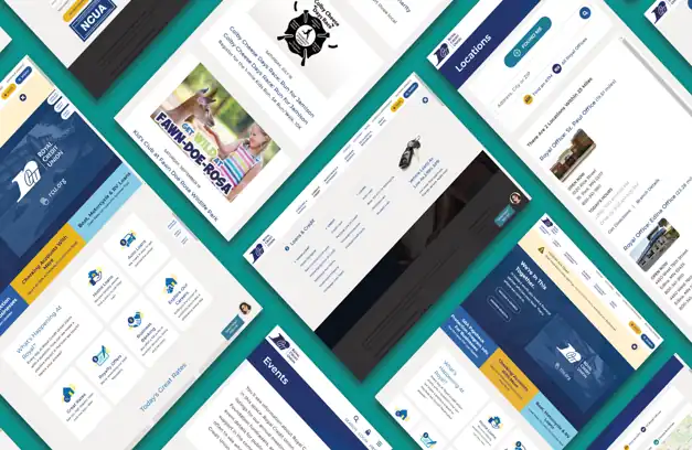 A collage of redesigned Royal Credit Union web pages displayed at an angle, showcasing improved navigation, layout, and user experience.