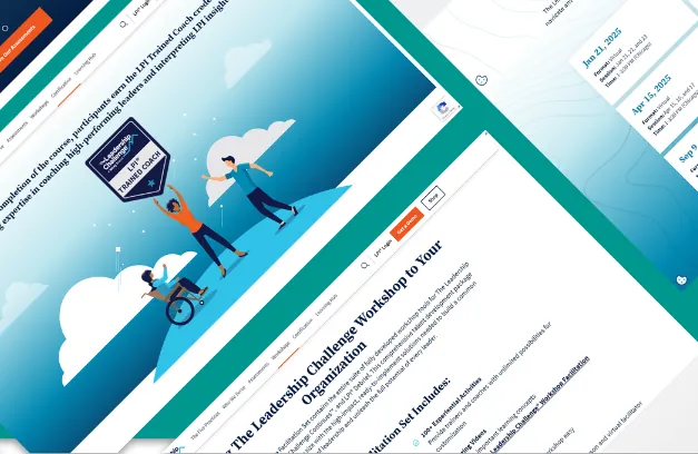 A collage of redesigned The Leadership Challenge web pages displayed at an angle.