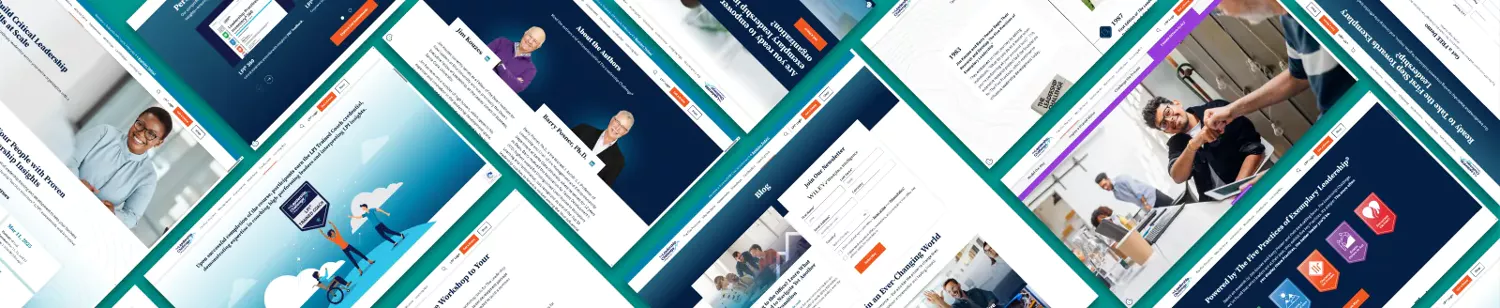 A wide-angle collage of rebuilt The Leadership Challenge pages.
